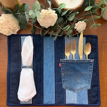 Load image into Gallery viewer, Denim, handmade, local, small business, women owned, quilts, handmade quilts, denim quilts, Handmade, Recycled, Upcycled, Repurposed, Denim, Second-Hand, Blue Jeans, Blue Denim, American Denim, American-Made