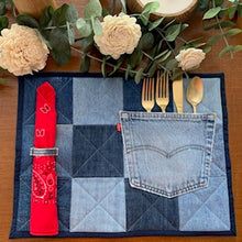 Load image into Gallery viewer, Denim, handmade, local, small business, women owned, quilts, handmade quilts, denim quilts, Handmade, Recycled, Upcycled, Repurposed, Denim, Second-Hand, Blue Jeans, Blue Denim, American Denim, American-Made
