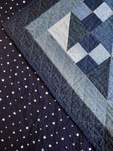 Load image into Gallery viewer, Denim, handmade, local, small business, women owned, quilts, handmade quilts, denim quilts, Handmade, Recycled, Upcycled, Repurposed, Denim, Second-Hand, Blue Jeans, Blue Denim, American Denim, American-Made